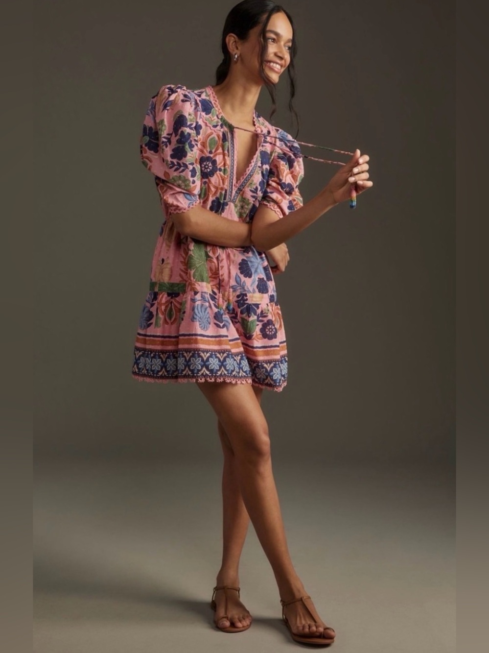Farm Rio x Anthropologie Seashell Tapestry Mini Dress XS Puff Sleeve Pink